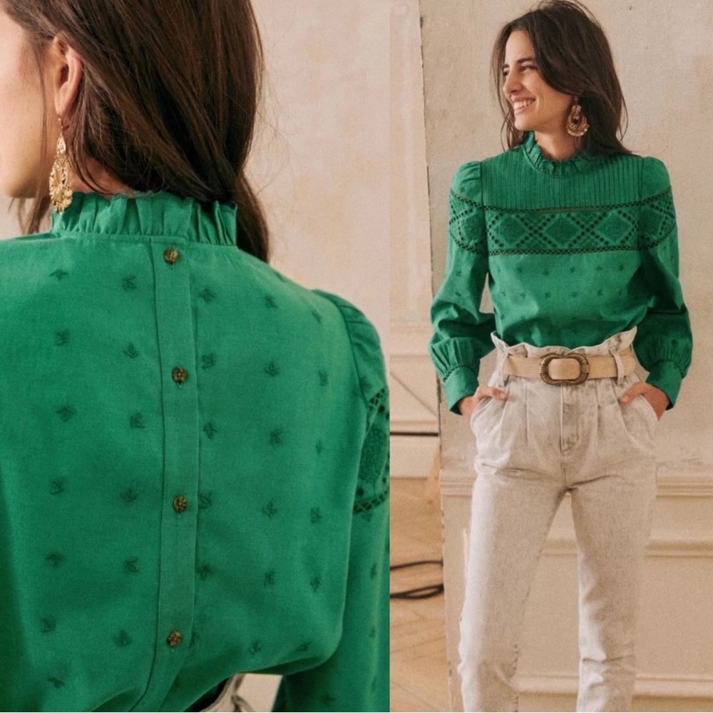 SEZANE NWOT Green Textured Lace Ruffle Frill Collar Back Button Blouse Lotta Top